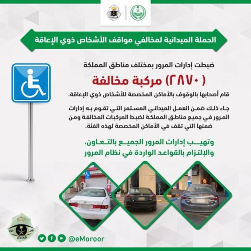 المرور السعودي يضبط السايارات المخالفة بمواقف ذوي الإعاقة